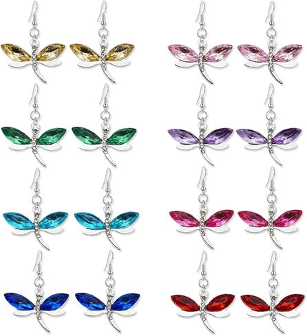 WUWEIJIAJIA 8 أزواج فريدة من نوعها أنيقة متعددة الألوان كريستال سباركلي اليعسوب تتدلى أقراط صغيرة على شكل حيوان مجموعة للنساء الفتيات العصرية شخصية بيان هدايا المجوهرات in Kuwait