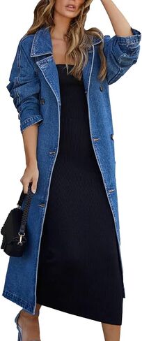 MJFCS YAENH Women's Vintage Notched Collar Double Breasted Over Knee Midi Long Denim Jacket Trench Coat with Belt in Saudi Arabia