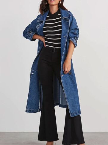 MJFCS YAENH Women's Vintage Notched Collar Double Breasted Over Knee Midi Long Denim Jacket Trench Coat with Belt in Saudi Arabia