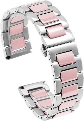 Juntan أسود لامع بني أزرق أخضر وردي درجتين 20 ملم 22 ملم فضي من الفولاذ المقاوم للصدأ سيراميك بسوار للرجال والنساء حزام ساعة معدني مع مشبك قابل للطي على شكل فراشة in Kuwait