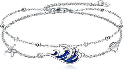 AOBOCO Anklet for Women Sterling Silver Adjustable Foot Starfish Wave Shell Layered Ankle Anklets Ocean Beach Jewelry Halloween Gifts for women Girls in Kuwait
