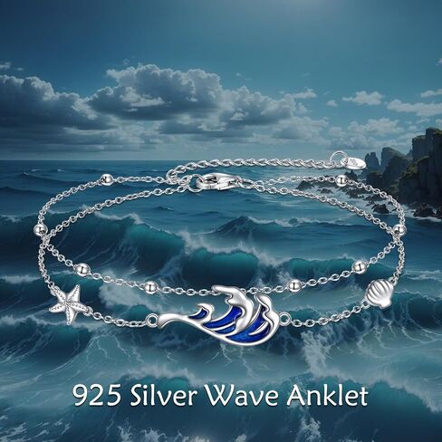 AOBOCO Anklet for Women Sterling Silver Adjustable Foot Starfish Wave Shell Layered Ankle Anklets Ocean Beach Jewelry Halloween Gifts for women Girls in Kuwait