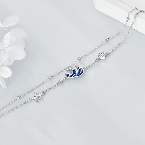 AOBOCO Anklet for Women Sterling Silver Adjustable Foot Starfish Wave Shell Layered Ankle Anklets Ocean Beach Jewelry Halloween Gifts for women Girls in Kuwait