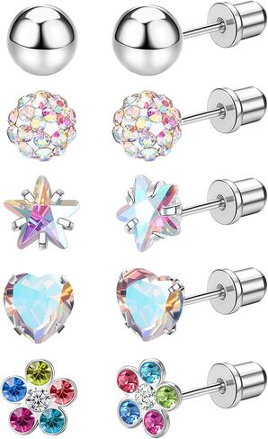 MJust 5 Pairs Titanium Screw Back Earrings for Girls Women Hypoallergenic ScrewBack Earrings for Sensitive Ears Pearl Heart Star Flower CZ 20G Pure Titanium Earrings Studs in Saudi Arabia