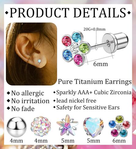 MJust 5 Pairs Titanium Screw Back Earrings for Girls Women Hypoallergenic ScrewBack Earrings for Sensitive Ears Pearl Heart Star Flower CZ 20G Pure Titanium Earrings Studs in Saudi Arabia