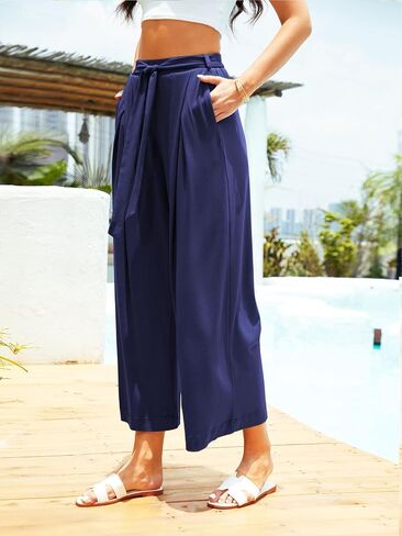 MIEAZOM Women's Wide Leg Pants High Waisted Adjustable Tie Knot Yoga Sweatpants Comfy Lounge Pajama Flowy Pants Pockets in Saudi Arabia