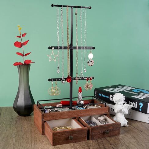 جي بي يو اس اف اي كيه حامل منظم مجوهرات - 3 طبقات مع درجين خشبيين للاساور والاقراط والخواتم، اسود in Kuwait