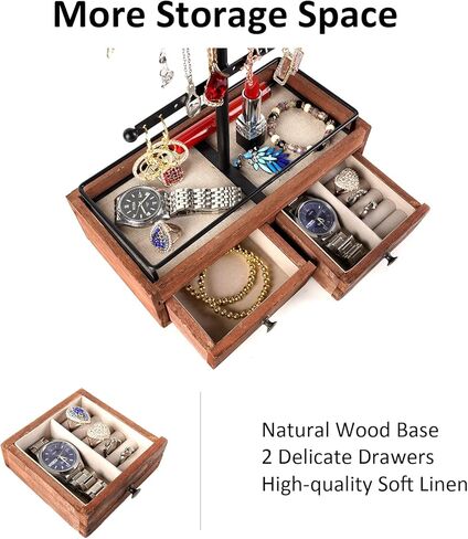 جي بي يو اس اف اي كيه حامل منظم مجوهرات - 3 طبقات مع درجين خشبيين للاساور والاقراط والخواتم، اسود in Kuwait