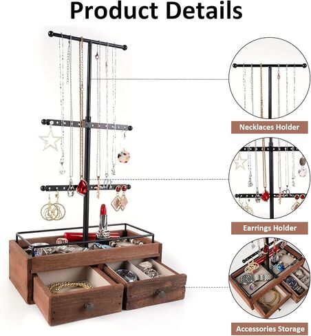 جي بي يو اس اف اي كيه حامل منظم مجوهرات - 3 طبقات مع درجين خشبيين للاساور والاقراط والخواتم، اسود in Kuwait