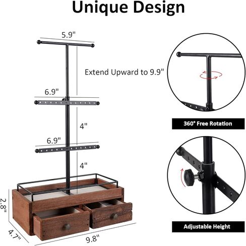 جي بي يو اس اف اي كيه حامل منظم مجوهرات - 3 طبقات مع درجين خشبيين للاساور والاقراط والخواتم، اسود in Kuwait