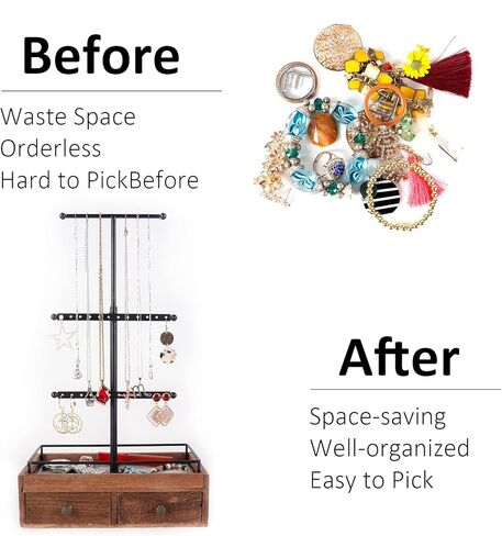 جي بي يو اس اف اي كيه حامل منظم مجوهرات - 3 طبقات مع درجين خشبيين للاساور والاقراط والخواتم، اسود in Kuwait