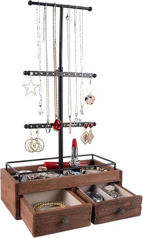 جي بي يو اس اف اي كيه حامل منظم مجوهرات - 3 طبقات مع درجين خشبيين للاساور والاقراط والخواتم، اسود in Kuwait