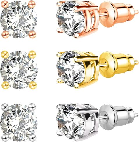 UnicoRing Small Stud Earrings for Women Hypoallergenic 18K Gold Plated with 6mm Cubic Zirconia Women Stud Earrings Set(silver,rose,gold) in Kuwait