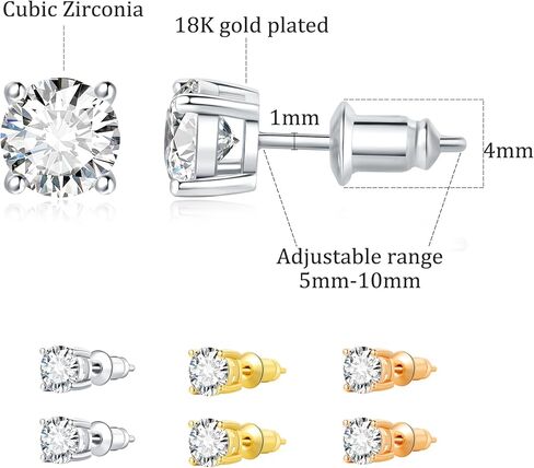 UnicoRing Small Stud Earrings for Women Hypoallergenic 18K Gold Plated with 6mm Cubic Zirconia Women Stud Earrings Set(silver,rose,gold) in Kuwait