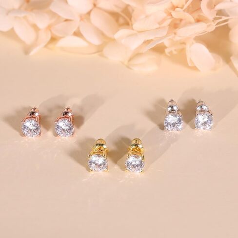 UnicoRing Small Stud Earrings for Women Hypoallergenic 18K Gold Plated with 6mm Cubic Zirconia Women Stud Earrings Set(silver,rose,gold) in Kuwait