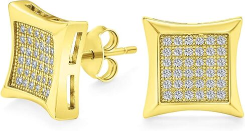 Geometric Unisex Mens Square Shaped Cubic Zirconia Micro Pave CZ Kite Stud Earrings For Men Yellow Gold Plated .925 Sterling Silver 5 7 9 11 12 MM in Saudi Arabia