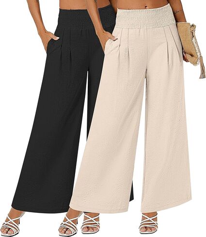 Neer 2 Pcs Women Linen Palazzo Pants Smocked High Waist Wide Leg Lounge Pants Casual Boho Beach Pants Trousers with Pocket (Black, Beige,Large) in Saudi Arabia