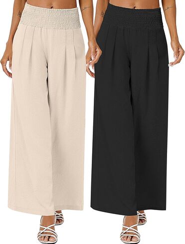 Neer 2 Pcs Women Linen Palazzo Pants Smocked High Waist Wide Leg Lounge Pants Casual Boho Beach Pants Trousers with Pocket (Black, Beige,Large) in Saudi Arabia