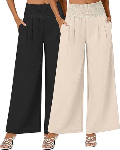 Neer 2 Pcs Women Linen Palazzo Pants Smocked High Waist Wide Leg Lounge Pants Casual Boho Beach Pants Trousers with Pocket (Black, Beige,Large) in Saudi Arabia