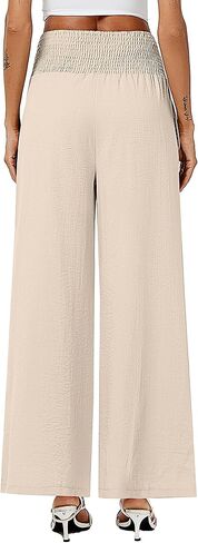 Neer 2 Pcs Women Linen Palazzo Pants Smocked High Waist Wide Leg Lounge Pants Casual Boho Beach Pants Trousers with Pocket (Black, Beige,Large) in Saudi Arabia