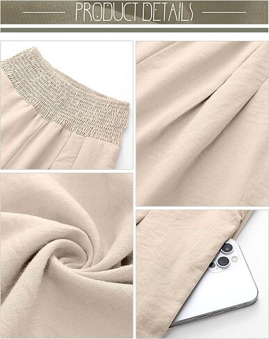 Neer 2 Pcs Women Linen Palazzo Pants Smocked High Waist Wide Leg Lounge Pants Casual Boho Beach Pants Trousers with Pocket (Black, Beige,Large) in Saudi Arabia