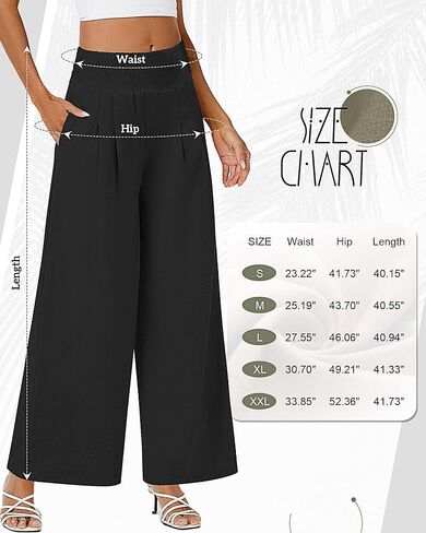 Neer 2 Pcs Women Linen Palazzo Pants Smocked High Waist Wide Leg Lounge Pants Casual Boho Beach Pants Trousers with Pocket (Black, Beige,Large) in Saudi Arabia