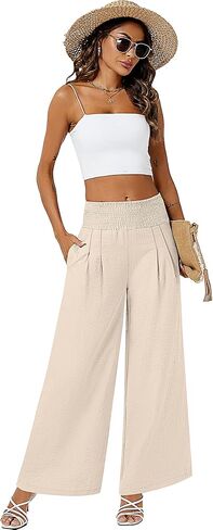 Neer 2 Pcs Women Linen Palazzo Pants Smocked High Waist Wide Leg Lounge Pants Casual Boho Beach Pants Trousers with Pocket (Black, Beige,Large) in Saudi Arabia