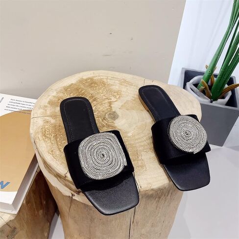 ORNVEION Women’s Bling Rhinestone Square Flat Sandals,Crystal Satin Glitter Mules Slippers Boho Open Toe Slip-on Beach Sandals in Saudi Arabia