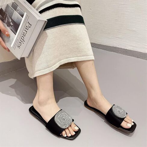 ORNVEION Women’s Bling Rhinestone Square Flat Sandals,Crystal Satin Glitter Mules Slippers Boho Open Toe Slip-on Beach Sandals in Saudi Arabia