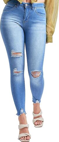 YMI Women's Junior Wannabettabutt Repreve Mid-Rise Ankle Jeans with Frayed Hem in Kuwait