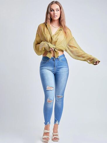 YMI Women's Junior Wannabettabutt Repreve Mid-Rise Ankle Jeans with Frayed Hem in Kuwait