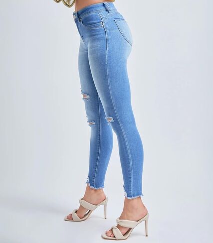 YMI Women's Junior Wannabettabutt Repreve Mid-Rise Ankle Jeans with Frayed Hem in Kuwait