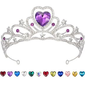 SWEETV Birthstone Crowns for Women Girls Heart Birthday Tiara Headband Silver Headpiece for BirthDay