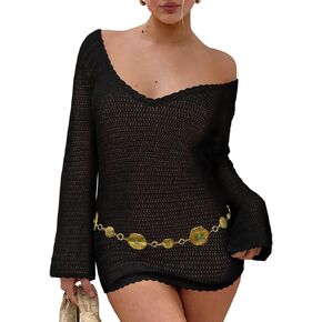 فستان Langwyqu للسيدات من الكروشيه بأكمام طويلة مثير للشاطئ منسوج شبكي بدون ظهر صيفي ورقبة على شكل V فستان قصير للتستر in Kuwait