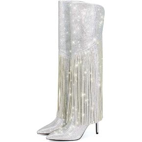 Fandimeier Women's Shiny Silver Rhinestone Tassel Boots Stiletto Heel Pointed Toe Knee High Boots For Party Dating Dressy Christmas Side Zipper Leisure Long Boot in Kuwait