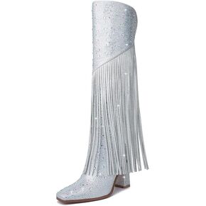 DOREENDORIS Fringe Boots for Women Rhinestone Knee High Boots Square Toe Side Zipper Chunky Heel Sparkly Boots in Kuwait