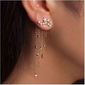Allereyae Vintage Crystal Star Ear Jacket Earrings Rhinestone Star Ear Climber Earrings Cz Shooting Star Drop Earrings Silver Long Chain Dangle Earrings Jewelry for Women and Girls (Silver)
