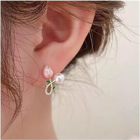 YienDoo Boho لؤلؤة الأذن الكفة التفاف القرط زهرة التوليب الأذن سترة القرط بيان اللؤلؤ ثقب التفاف حلق مسمار الذهب فلورا الجبهة الخلفية المتسلقين الزاحف أقراط مجوهرات للنساء والفتيات