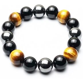 Triple Protection Bracelet - 12mm Beaded Stretch Bracelet - Smallest, Small, Medium, Large, Extra Large Size - For Protection - Tiger Eye Stone - Hematite - Black Obsidian - Yoga Bracelet - Crystal Gemstone Bracelet - Bring Good Luck And Prosperity in Saudi Arabia