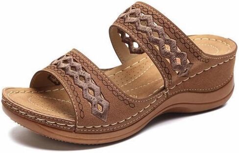 Crepuscute Women's Embroidered Wedge Perfectchose Arch Support Sandals,Slip On OpenToe Casual Comfortable Orthopedic slippers Non-Slip Breathable Outdoor Walking Sandles in Saudi Arabia