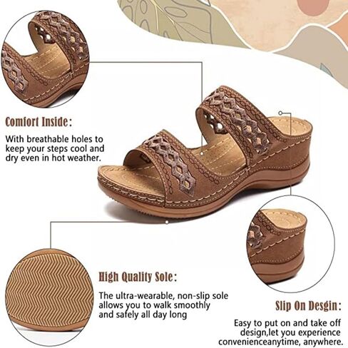 Crepuscute Women's Embroidered Wedge Perfectchose Arch Support Sandals,Slip On OpenToe Casual Comfortable Orthopedic slippers Non-Slip Breathable Outdoor Walking Sandles in Saudi Arabia