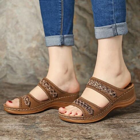 Crepuscute Women's Embroidered Wedge Perfectchose Arch Support Sandals,Slip On OpenToe Casual Comfortable Orthopedic slippers Non-Slip Breathable Outdoor Walking Sandles in Saudi Arabia