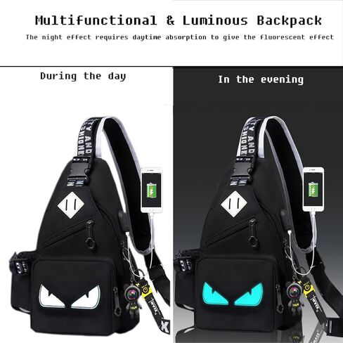 RUILIHIAO Teenager Cartoon Boys Girls Luminous USB Port Chest Sling Bags Crossbody Backpack Travel School The Single Shoulder Bag (Night Glow Black 1) in Saudi Arabia