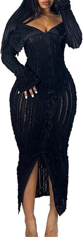 Yuopeid Women's Elegant Long Sleeve Off Shoulder Mesh Wavy Ruffle Front Slit Bodycon Maxi Beach Party Cover Up Dress in Saudi Arabia