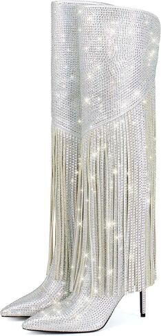 حذاء Fandimeier نسائي فضي لامع مزين بأحجار الراين وكعب ستيليتو ومقدمة مدببة للركبة مناسب للحفلات والمناسبات وحفلات الكريسماس وسحاب جانبي للترفيه حذاء طويل in Kuwait
