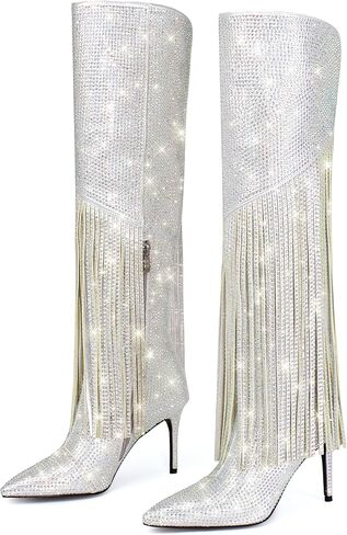 حذاء Fandimeier نسائي فضي لامع مزين بأحجار الراين وكعب ستيليتو ومقدمة مدببة للركبة مناسب للحفلات والمناسبات وحفلات الكريسماس وسحاب جانبي للترفيه حذاء طويل in Kuwait