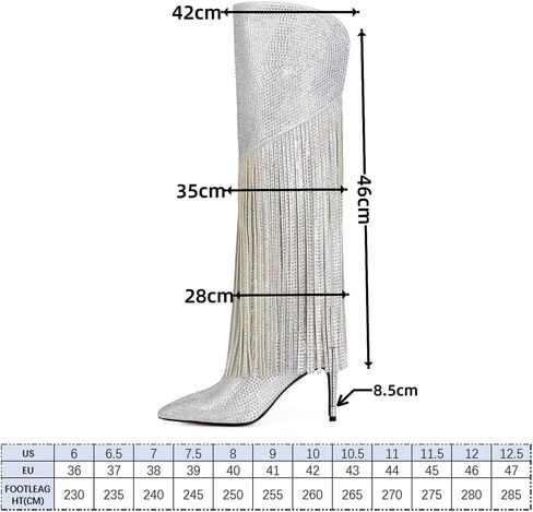 حذاء Fandimeier نسائي فضي لامع مزين بأحجار الراين وكعب ستيليتو ومقدمة مدببة للركبة مناسب للحفلات والمناسبات وحفلات الكريسماس وسحاب جانبي للترفيه حذاء طويل in Kuwait
