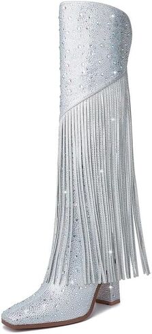 DOREENDORIS Fringe Boots for Women Rhinestone Knee High Boots Square Toe Side Zipper Chunky Heel Sparkly Boots in Kuwait