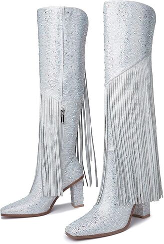 DOREENDORIS Fringe Boots for Women Rhinestone Knee High Boots Square Toe Side Zipper Chunky Heel Sparkly Boots in Kuwait