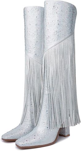 DOREENDORIS Fringe Boots for Women Rhinestone Knee High Boots Square Toe Side Zipper Chunky Heel Sparkly Boots in Kuwait